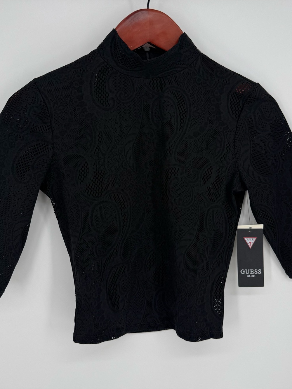 GUESS Black Paisley Lace Mock Neck Top XS NWT Y2K